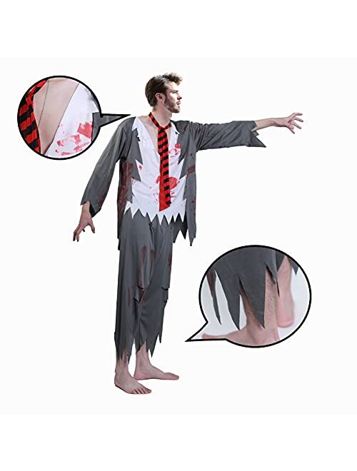 Phedrew Men's Zombie Bloody Costume Includes T-shirt, Trousers, Hat and Eye Patch, Halloween Horror Costume