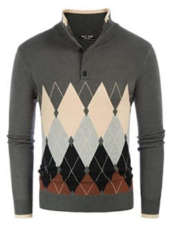 Men's Quarter Button Argyle Knitted Pullover Stand Collar Pullover Sweater