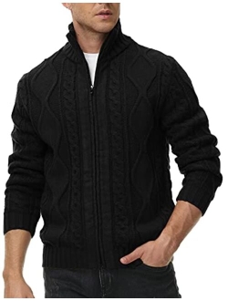 Men's Cardigan Sweaters Stand Collar Cable Twisted Knitted Full Zip Up Sweater