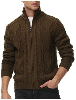 Men's Cardigan Sweaters Stand Collar Cable Twisted Knitted Full Zip Up Sweater