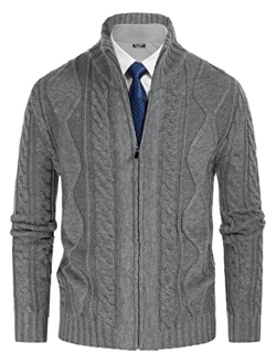 Men's Cardigan Sweaters Stand Collar Cable Twisted Knitted Full Zip Up Sweater