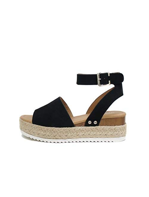 Soda Topic Open Toe Buckle Ankle Strap Espadrilles Flatform Wedge Casual Sandal