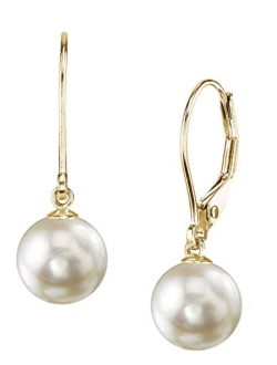 White Japanese Akoya Real Pearl Earrings for Women - 14k Gold Leverback Earrings | Hypoallergenic Earrings with Genuine Cultured Pearls, 7.5-9.0mm