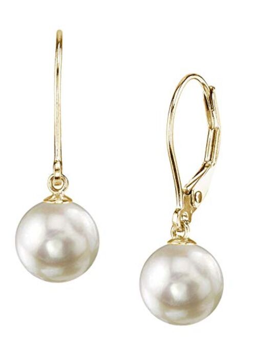 THE PEARL SOURCE White Japanese Akoya Real Pearl Earrings for Women - 14k Gold Leverback Earrings | Hypoallergenic Earrings with Genuine Cultured Pearls, 7.5-9.0mm