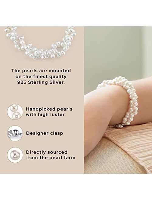 THE PEARL SOURCE 4-5mm Rice Shaped White Freshwater Pearl Bracelet for Women - Cultured Pearl Bracelet in 925 Sterling Silver with Genuine Cultured Pearls