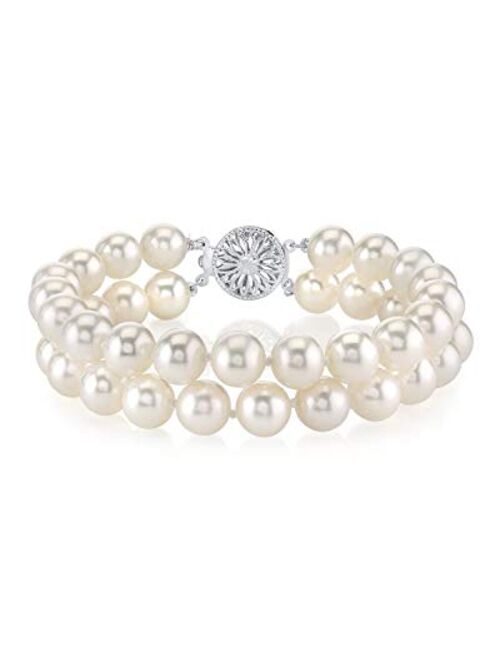 THE PEARL SOURCE Sterling Silver AAA Quality Round White Freshwater Cultured Pearl Double Strand Bracelet for Women