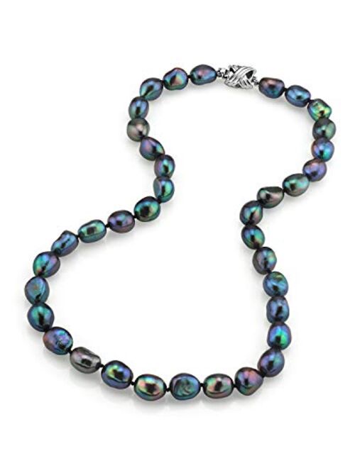 THE PEARL SOURCE Sterling Silver 9-10mm AAA Quality Baroque Black Freshwater Cultured Pearl Necklace for Women