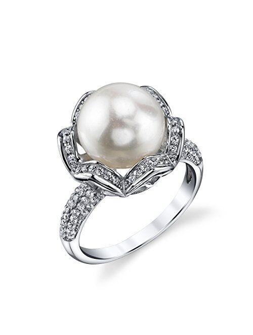 THE PEARL SOURCE 11-12mm Genuine White Freshwater Cultured Pearl & Cubic Zirconia Charriot Ring for Women