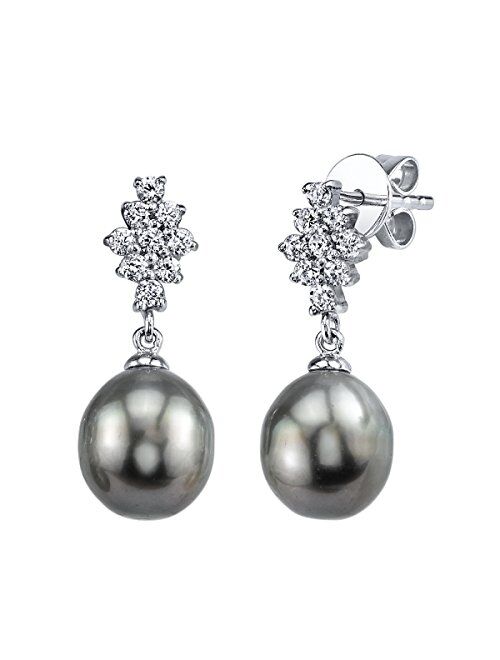 THE PEARL SOURCE 9-10mm Genuine Black Tahitian South Sea Cultured Pearl & Cubic Zirconia Gina Earrings for Women