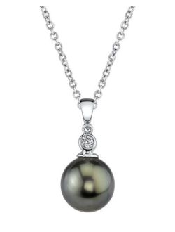 14k Gold Round Black Tahitian South Sea Cultured Pearl & Diamond Michelle Pendant Necklace for Women