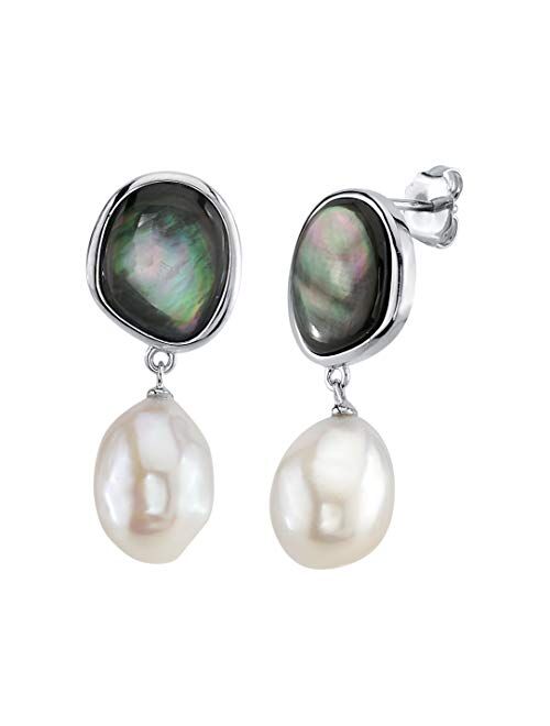 THE PEARL SOURCE 9-10mm White Freshwater Pearl & Black Mother of Pearl Nina Earrings for Women