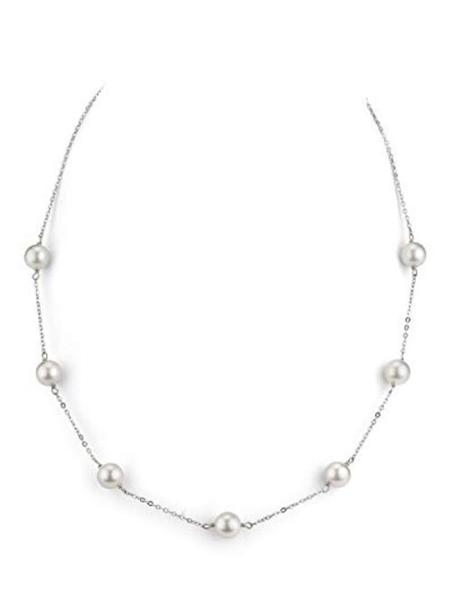 THE PEARL SOURCE 14K Gold AAA Quality Round Genuine White Japanese Akoya Saltwater Cultured Pearl Tincup Necklace for Women