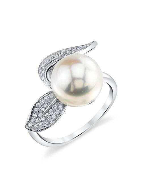 THE PEARL SOURCE 10-11mm Genuine White Freshwater Cultured Pearl & Cubic Zirconia Leaf Ring for Women