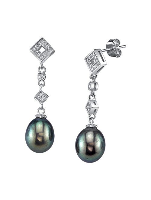 THE PEARL SOURCE 9-10mm Genuine Baroque Black Freshwater Cultured Pearl & Cubic Zirconia Shape Earrings for Women