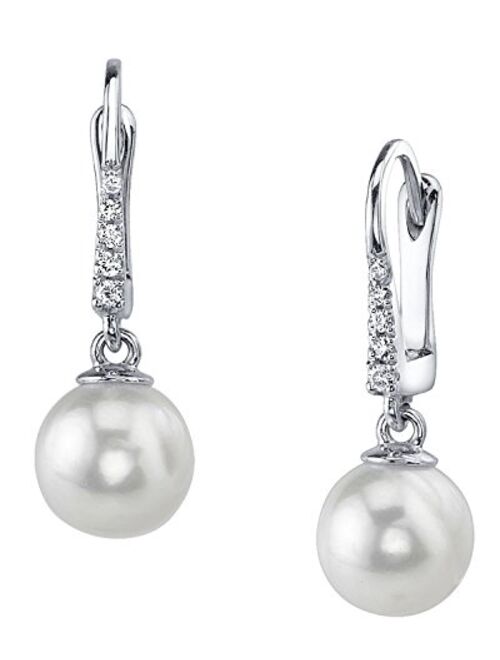 THE PEARL SOURCE 14K Gold AAA Quality Round Genuine White Akoya Cultured Pearl & Diamond Susan Earrings for Women