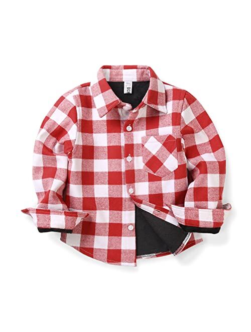 OCHENTA Boys' & Men's Fur-Lined Plaid Flannel Shirt, Little Big Long Sleeve Warm Top Jacket Family Matching