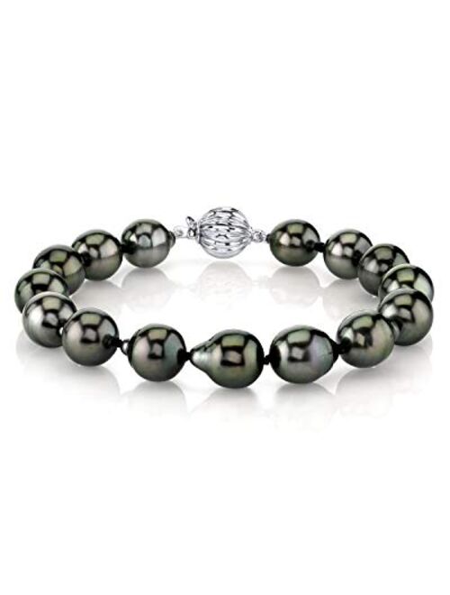 THE PEARL SOURCE 14K Gold 8-9mm Drop-Shape Genuine Black Tahitian South Sea Cultured Pearl Bracelet for Women