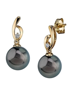 14K Gold Round Genuine Black Tahitian South Sea Cultured Pearl & Diamond Lois Earrings for Women