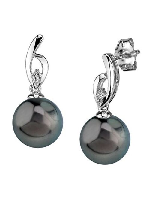 THE PEARL SOURCE 14K Gold Round Genuine Black Tahitian South Sea Cultured Pearl & Diamond Lois Earrings for Women