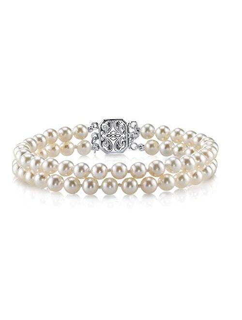 THE PEARL SOURCE Sterling Silver AAAA Quality Round White Double Freshwater Cultured Pearl Bracelet for Women