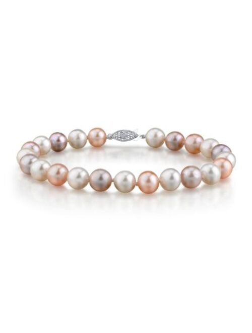 THE PEARL SOURCE Sterling Silver 7-8mm AAA Quality Round Multicolor Freshwater Cultured Pearl Bracelet for Women