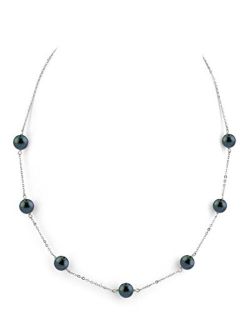 14K Gold Round Genuine Black Japanese Akoya Saltwater Cultured Pearl Tincup Necklace for Women