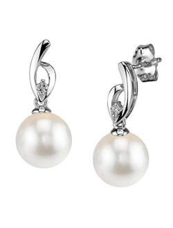 14K Gold AAAA Quality Round White Freshwater Cultured Pearl & Diamond Lois Earrings for Women