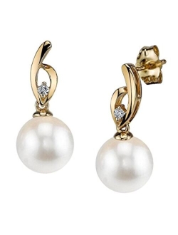 14K Gold AAAA Quality Round White Freshwater Cultured Pearl & Diamond Lois Earrings for Women