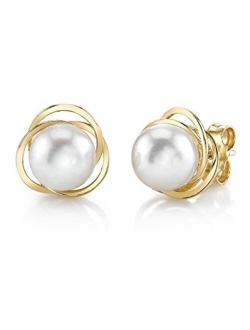 14K Gold AAA Quality Round Genuine White Akoya Cultured Pearl Lexi Earrings for Women