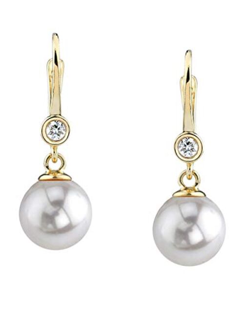 THE PEARL SOURCE 14K Gold Round Genuine White South Sea Cultured Pearl & Diamond Michelle Earrings for Women