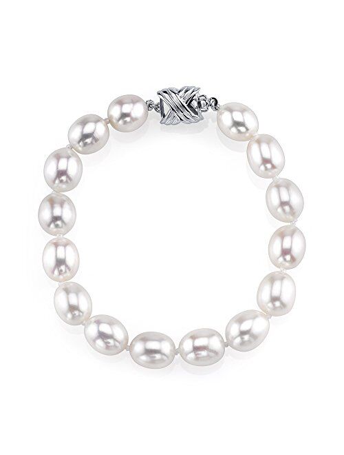 THE PEARL SOURCE Sterling Silver 10-11mm AAA Quality Oval White Freshwater Cultured Pearl Bracelet for Women