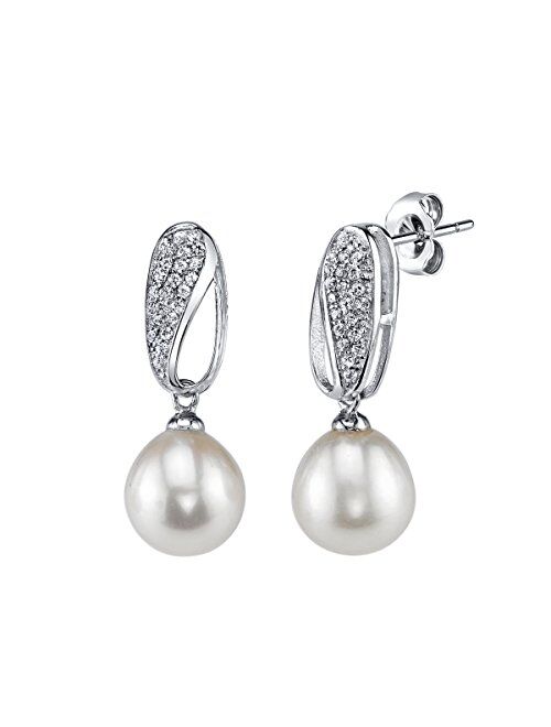 THE PEARL SOURCE 9-10mm Genuine White Freshwater Cultured Pearl & Cubic Zirconia Sway Earrings for Women