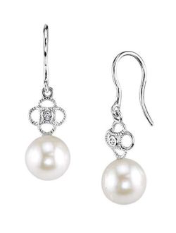 14K Gold Round White Freshwater Cultured Pearl & Diamond Lacy Earrings for Women