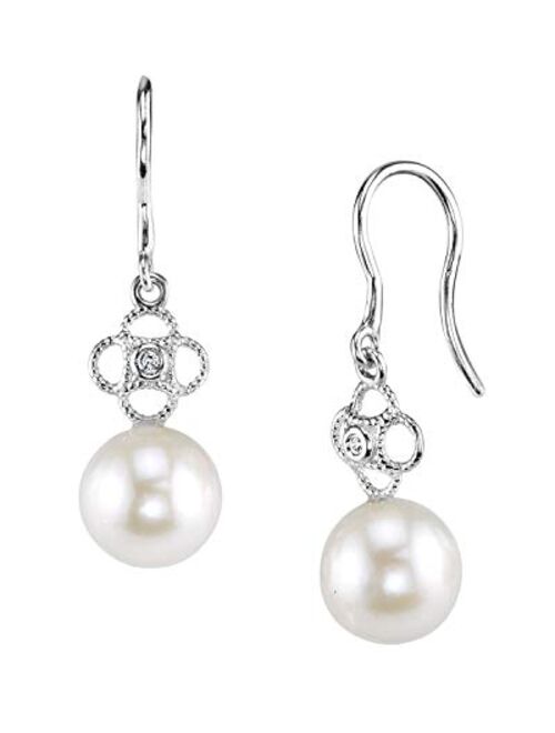 THE PEARL SOURCE 14K Gold Round White Freshwater Cultured Pearl & Diamond Lacy Earrings for Women