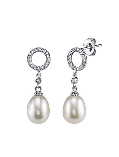 THE PEARL SOURCE 8-9mm Genuine White Freshwater Cultured Pearl & Cubic Zirconia Halo Earrings for Women