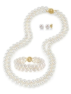 14K Gold Round White Freshwater Cultured Pearl Double Strand Necklace, Bracelet & Earrings Set in 16" Choker Length for Women