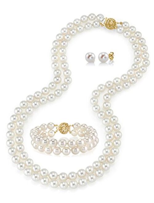 THE PEARL SOURCE 14K Gold Round White Freshwater Cultured Pearl Double Strand Necklace, Bracelet & Earrings Set in 16" Choker Length for Women