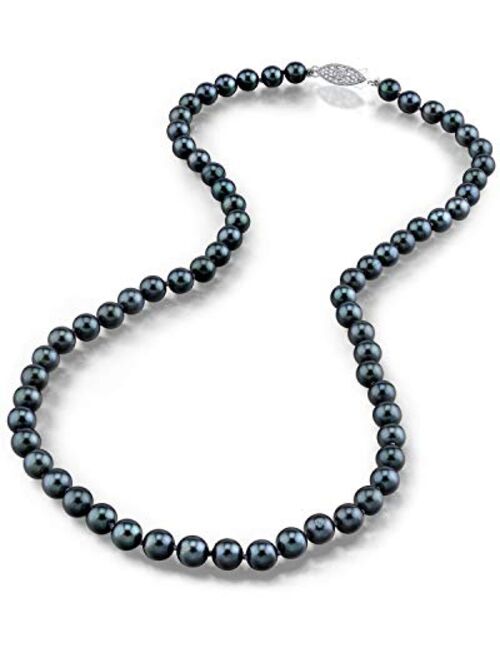 THE PEARL SOURCE 14K Gold 5.5-6.0mm Round Genuine Black Japanese Akoya Saltwater Cultured Pearl Necklace for Women