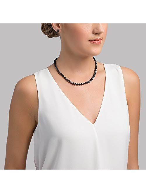 THE PEARL SOURCE 14K Gold 5.5-6.0mm Round Genuine Black Japanese Akoya Saltwater Cultured Pearl Necklace for Women