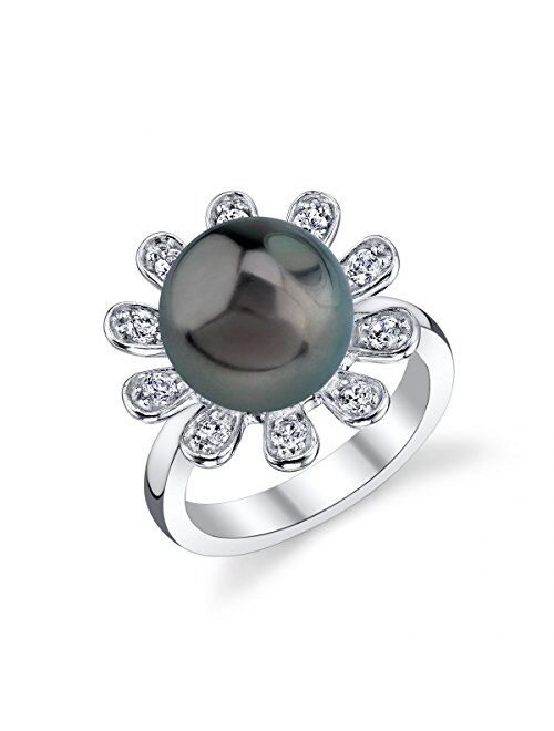 THE PEARL SOURCE 11-12mm Genuine Black Tahitian South Sea Cultured Pearl & Cubic Zirconia Felicia Ring for Women