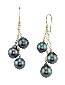 14K Gold 8-9mm Drop Genuine Black Tahitian South Sea Cultured Pearl Cluster Earrings for Women