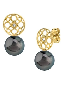 14K Gold Round Genuine Black Tahitian South Sea Cultured Pearl & Diamond Faye Earrings for Women