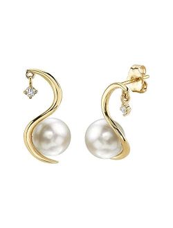 14K Gold 8-9mm Round White Freshwater Pearl & Diamond Ellis Earrings for Women