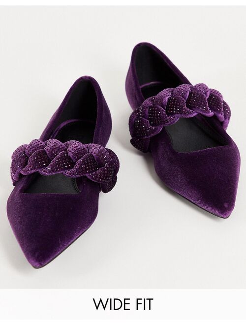 ASOS DESIGN Wide Fit Liberty plaited pointed ballet flats in purple velvet