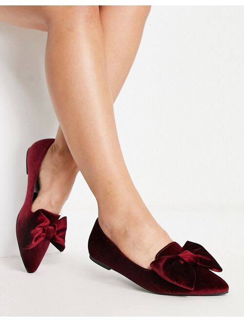 ASOS DESIGN Wide Fit Lake bow pointed ballet flats in burgundy velvet