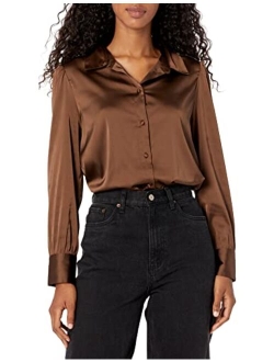 Women's @Lucyswhims Long Sleeve Button Down Stretch Satin Shirt