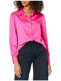 Women's @Lucyswhims Long Sleeve Button Down Stretch Satin Shirt