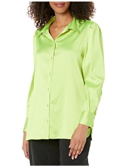 Women's @Lucyswhims Long Sleeve Button Down Stretch Satin Shirt