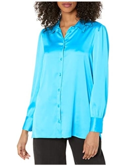 Women's @Lucyswhims Long Sleeve Button Down Stretch Satin Shirt