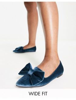 Wide Fit Lake bow pointed ballet flats in blue velvet